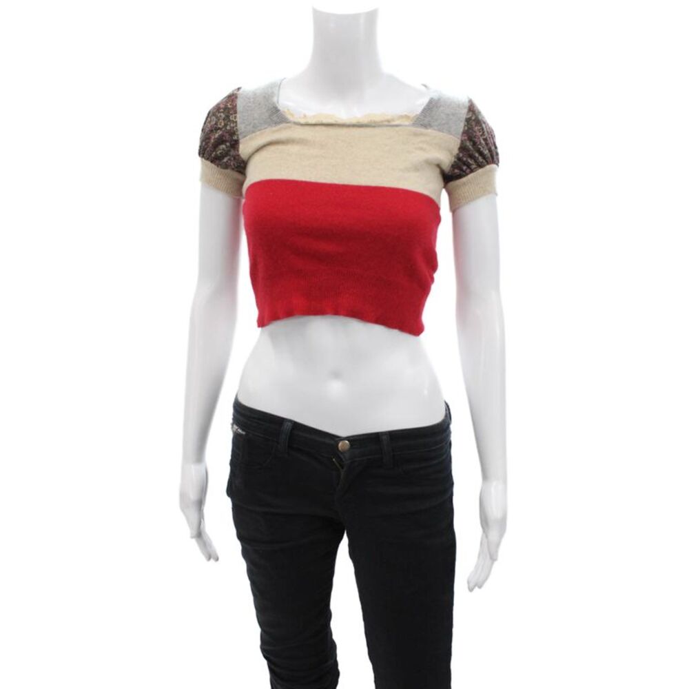 Isis Womens Short Sleeve Scoop Neck Cashmere Colorblock Top Red Beige Size 1